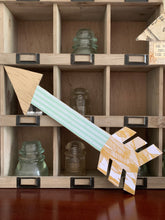 Load image into Gallery viewer, Handmade Golden Arrow with decoupaged details - Shelf sitter or mantel decor - neutral nursery
