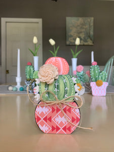 Hand-scrolled, hand-painted Wooden Cactus--perfect for tiered tray, mantle or as shelf-sitter--Boho Style