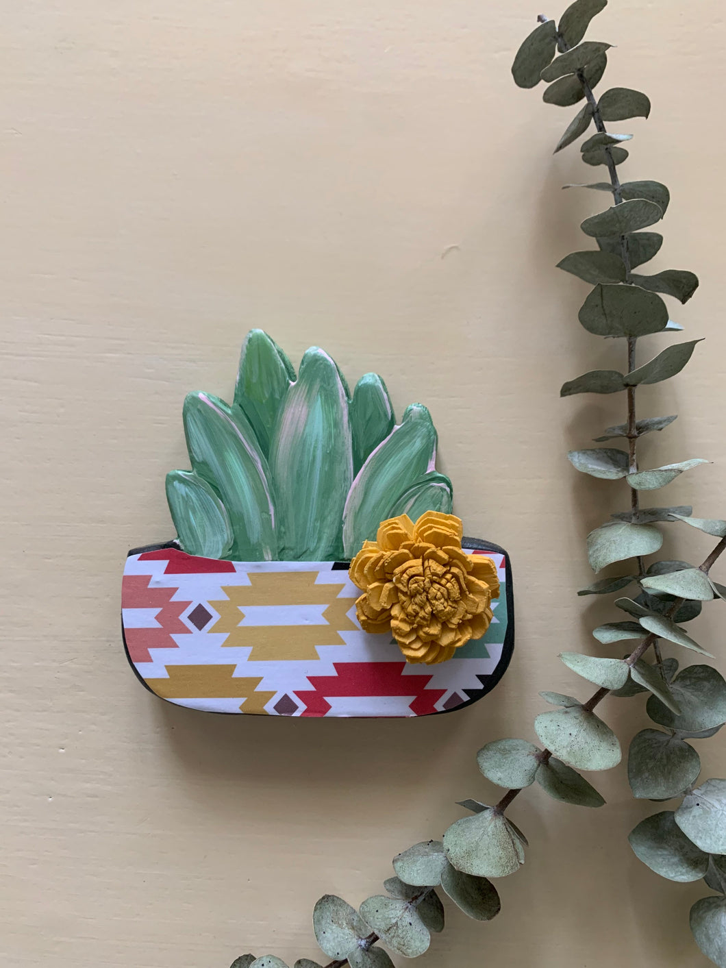 Hand-scrolled, hand-painted Wooden Succulent--perfect for tiered tray, mantle or as shelf-sitter--Cute Boho Aztec Style