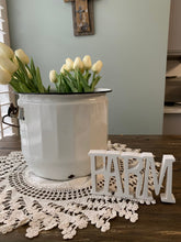 Load image into Gallery viewer, White Wood Word--FARM--Handmade Wooden ShelfSitter, use on Mantle or Tiered tray
