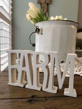 Load image into Gallery viewer, White Wood Word--FARM--Handmade Wooden ShelfSitter, use on Mantle or Tiered tray
