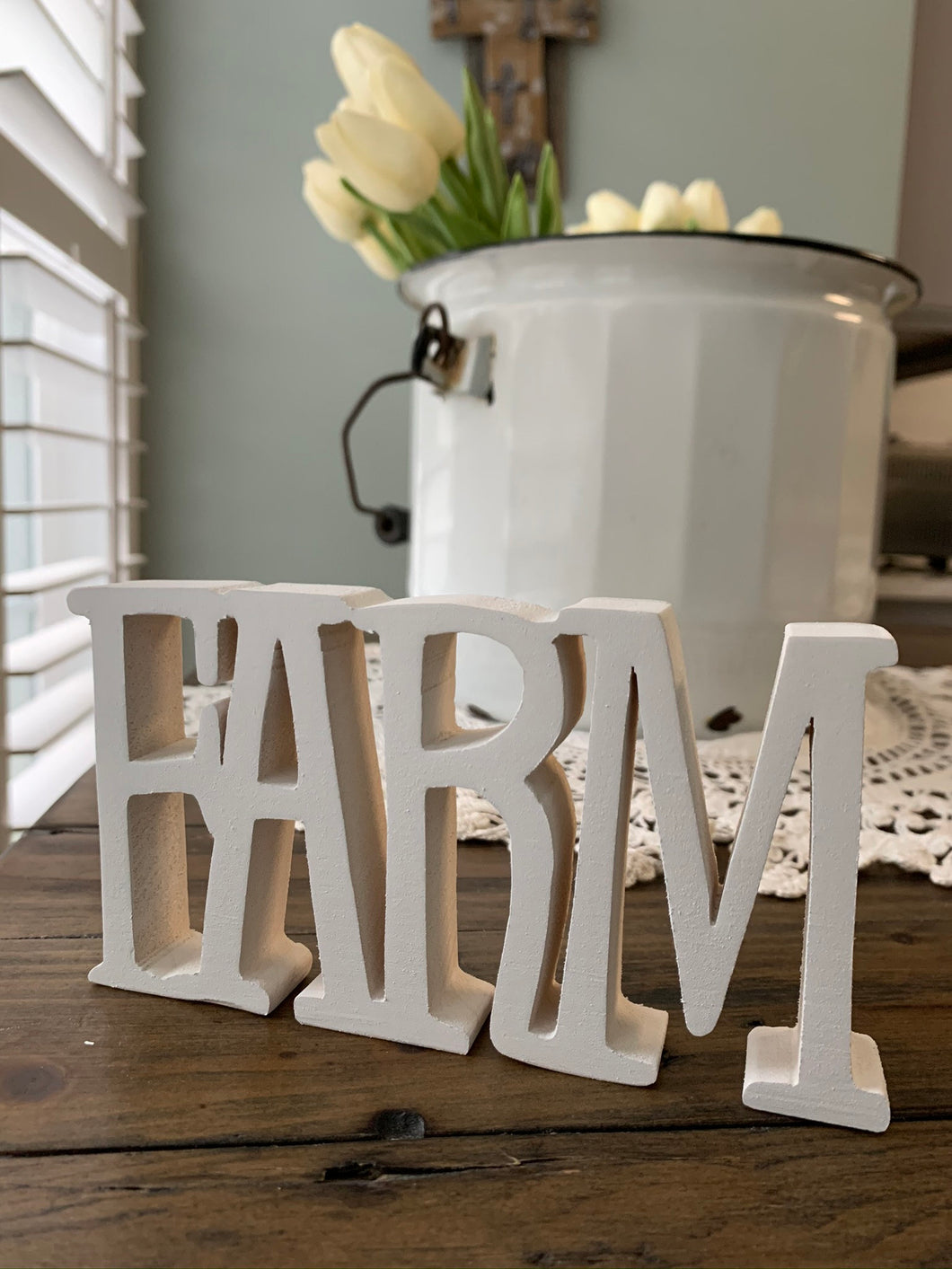 White Wood Word--FARM--Handmade Wooden ShelfSitter, use on Mantle or Tiered tray